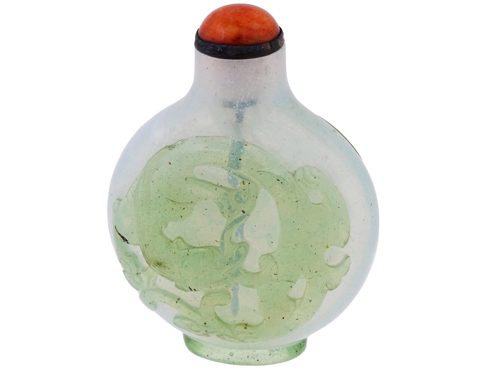 CHINESE DRAGON CARNELIAN PEKING GLASS SNUFF BOTTLE: An antique Chinese Peking glass snuff bottle. The bottle is adorned with an etched image of a dragon, on the front and on the backside. The bottle is adorned with a hand carved Carnelian stopper with 