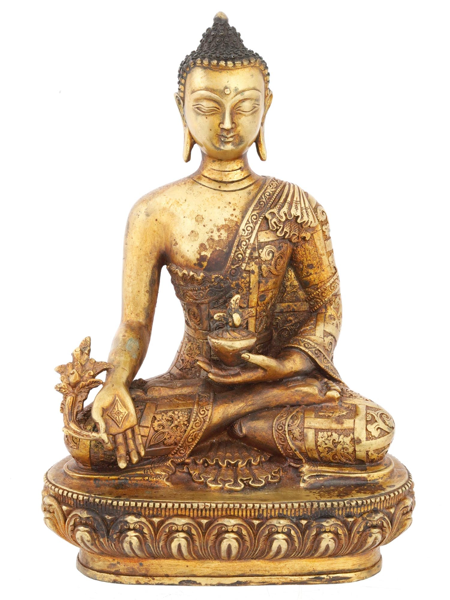 ANTIQUE CHINESE GILT PATINA BRONZE STATUE OF BUDDHA: An antique Chinese patinated statue of Buddha. The statue depicts Shakyamuni Buddha in a meditative posture holding a cup filled with the nectar of supreme joy, seated on a lotus petal pedestal base.