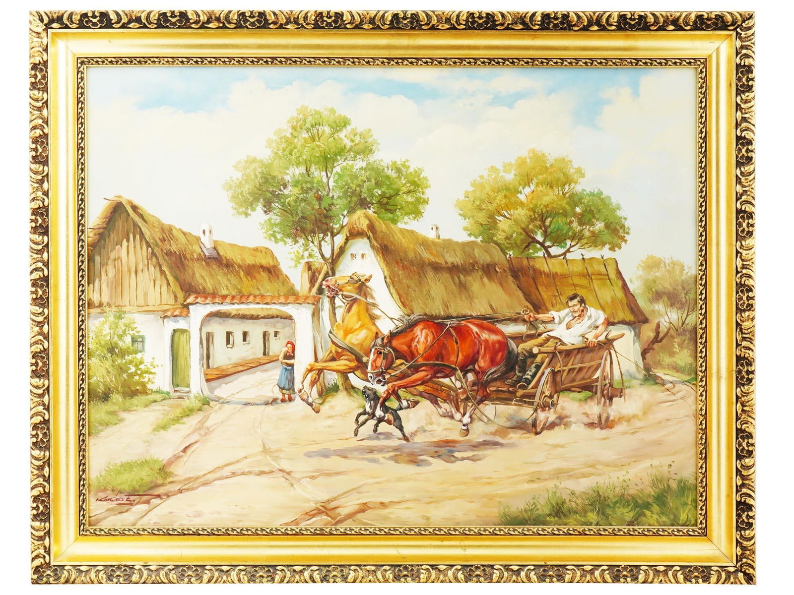 HUNGARIAN RURAL SCENE HORSE PAINTING BY ELEMER KOVACS: Elemer Kovacs, Hungarian, born 1930, oil painting on canvas, capturing the scene of rural life with a man journeying in a horse drawn cart. This artwork reflects the pastoral beauty and simplicity of