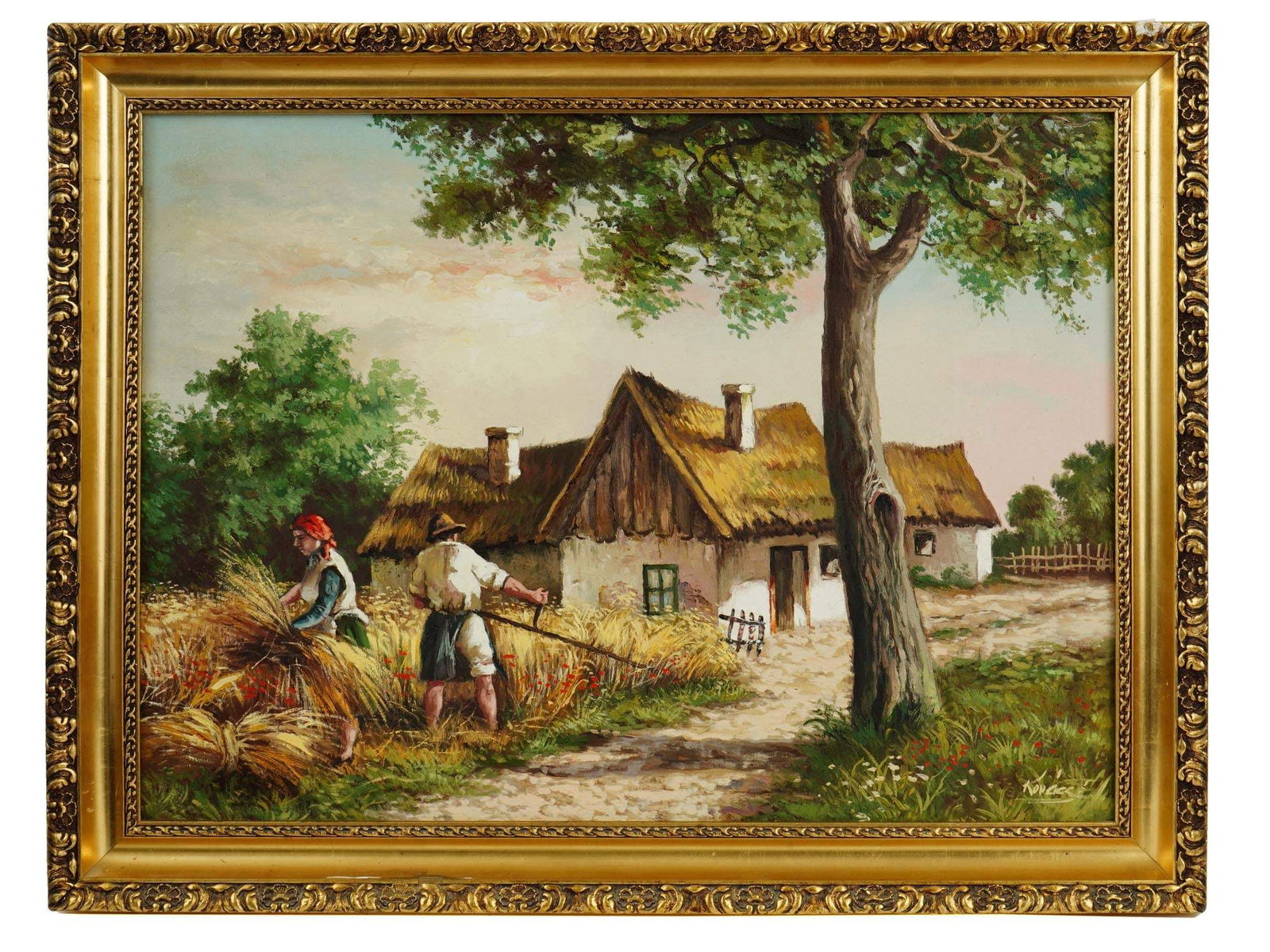 HUNGARIAN HARVEST SCENE PAINTING BY ELEMER KOVACS: Elemer Kovacs, Hungarian, born 1930, rural landscape oil painting on canvas, capturing the essence of a bountiful harvest scene. This charming artwork, signed by the artist lower right, offers a nosta