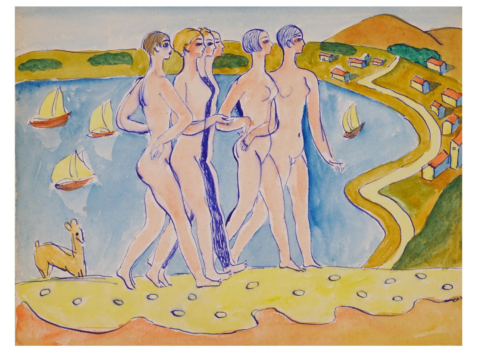 AMERICAN WATERCOLOR PAINTING BY EDWARD BUK ULREICH: Watercolor and blue ink on paper painting by Edward Buk Ulreich, 1884 to 1966, a Hungarian-born American artist known for his murals at the United States Courthouse, Florida. The artwork represents nu