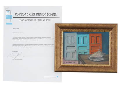 GERTRUDE ABERCROMBIE DOOR AND SHELL OIL PAINTING 1970: Gertrude Abercrombie, oil on masonite board painting Doors and Shell, 1970, painted in the style of Magical Realism. Signed by the artist and dated lower left. Housed in an old wooden frame. Comes wit