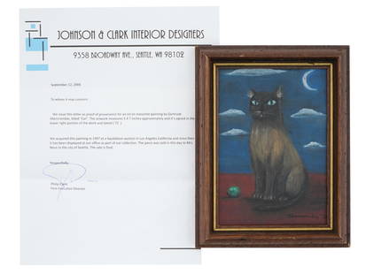 GERTRUDE ABERCROMBIE MAGIC REALISM OIL PAINTING 1972: Gertrude Abercrombie, oil on masonite board painting Cat, 1972, painted in the style of Magical Realism. Signed by the artist and dated lower right. Housed in an old wooden frame. Comes with a Johnson