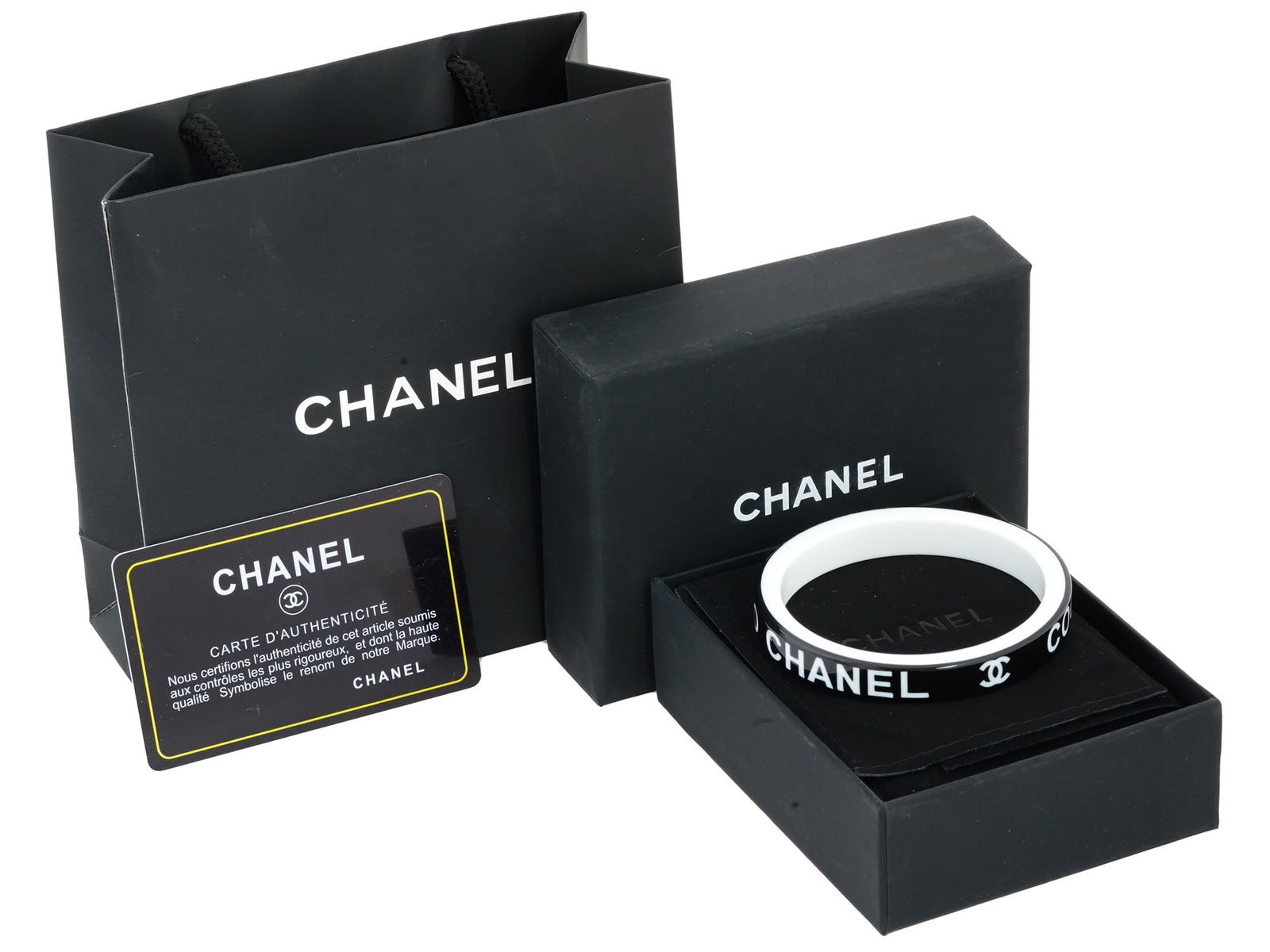 CHANEL BLACK AND WHITE LOGO BANGLE BRACELET IOB (1 of 6)