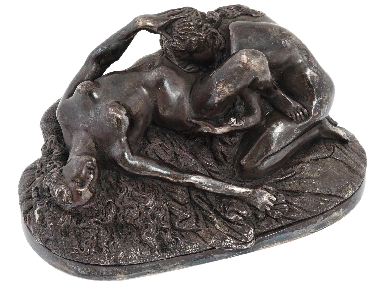 ANTIQUE GERMAN STERLING SILVER EROTIC SCULPTURE: An antique German Hanau sterling silver sculptural group depicting an erotic scene with two nude female lovers, after Jef Maria Thomas Lambeaux, Belgian, 1852 to 1908. Hallmarked to the base with Geor