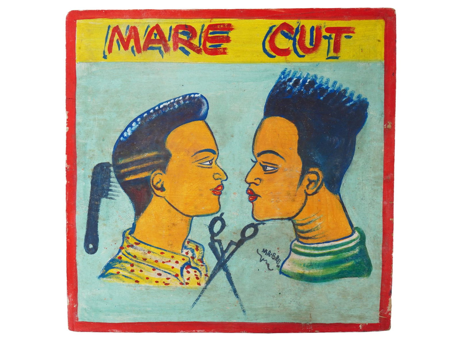 HAND PAINTED GHANA WEST AFRICA BARBERSHOP ADV SIGN: An old African barber shop advertising sign, Mare Cut, hand painted in acrylic on a wood panel. Created in Ghana by the local artist Mr. Brew. Signed by the artist lower right. Circa 1980s. The hand p