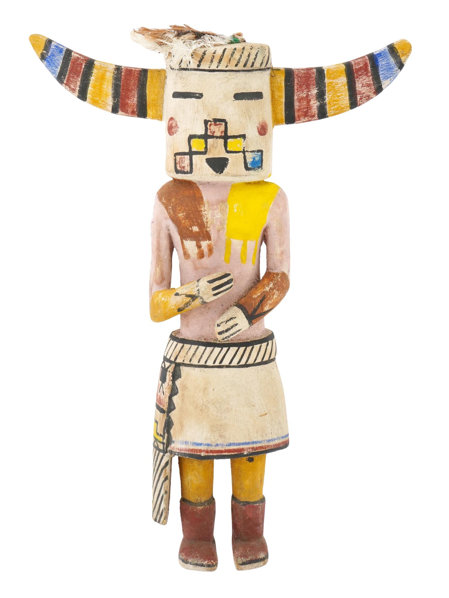 NATIVE AMERICAN KACHINA HOPI HAND CARVED WOOD DOLL: A Southwestern Native American Kachina Hopi doll with horns. The doll is made from hand carved wood. The figurine is adorned with hand painted traditional ornaments, and decorated with feathers on the