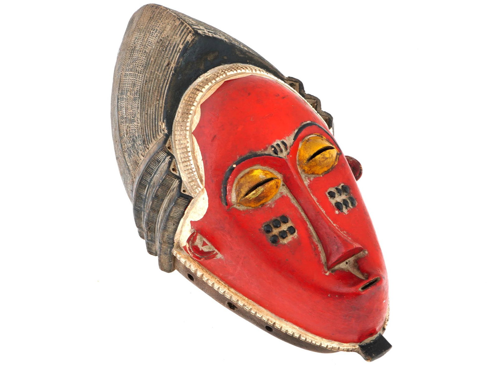 WEST AFRICAN BAULE PEOPLE MASK FROM IVORY COAST: A West African Baule people mask from Ivory Coast featuring a significant and culturally rich piece of art. The Baule people are known for their intricate and expressive masks, which are often used in