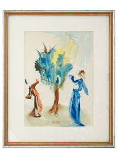 LIMITED EDITION DIVINE COMEDY WOODCUT BY SALVADOR DALI: Color woodcut print on paper by Salvador Dali, 1904 to 1989, a Spanish Surrealist painter. The artwork depicts two abstract figures by a tree. Titled Purgatory 24, Tree of Punishment. From a series