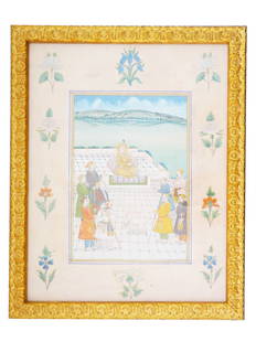 ANTIQUE INDIAN MUGHAL EMPIRE MINIATURE PAINTING: An antique Indian Mughal Empire miniature painting, executed in pigments and embellished with gold paint on paper, portrays a raja in the company of nobles. These Mughal miniatures are celebrated for