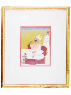 ANTIQUE INDIAN MUGHAL EMPIRE MINIATURE PAINTING: An antique Indian Mughal Empire miniature painting from Jodhpur, executed in pigments and adorned with gold paint on paper. Portrays a seated raja and a standing servant holding a fly-whisk. These