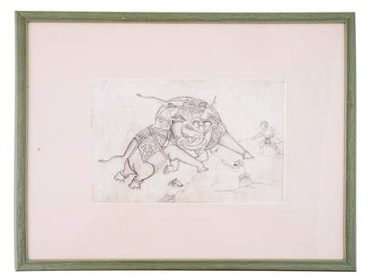 ANTIQUE INDIAN ELEPHANT DRAWING FRAMED: An antique Indian drawing in pencil on paper, portraying a dramatic battle scene featuring two elephants. Such artworks reflect the rich artistic traditions of India and are known for their intricate