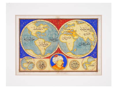 ANTIQUE INDIAN MUGHAL MINIATURE GLOBE MAP PAINTING: An antique Indian Mughal school hand painted miniature painting depicting a globe map with continents inscribed in Farsi script. The Mughal Empire, known for its rich artistic traditions, produced