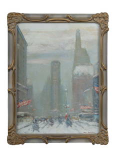 JOHANN BERTHELSEN MID CENT AMERICAN OIL PAINTING: Johann Berthelsen, American, 1883 to 1972, an oil on canvas laid on board painting Times Square, Winter, New York. Signed by the artist lower right. Housed in a beautifully ornate wooden frame. Johann