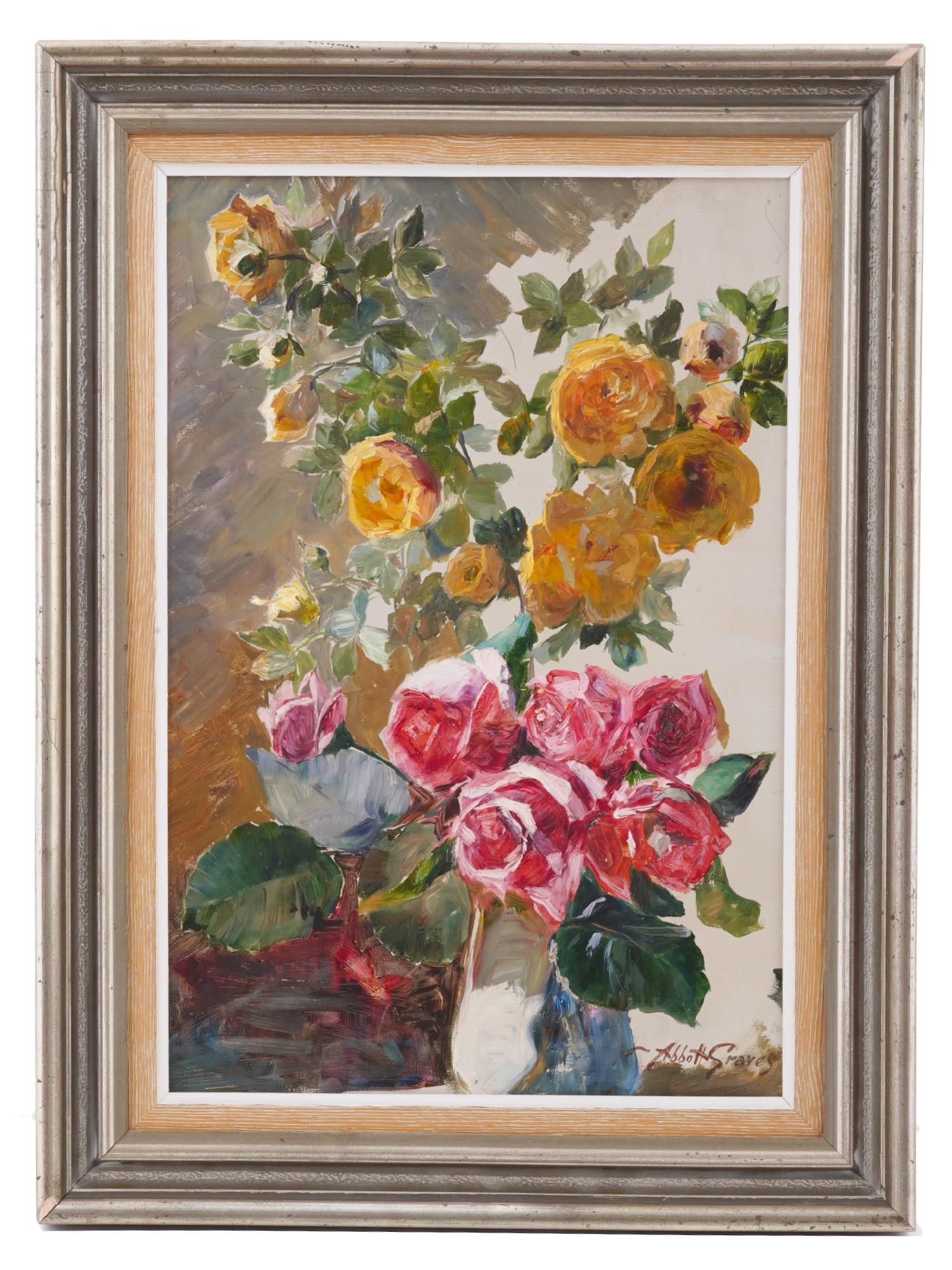 AMERICAN STILL LIFE OIL PAINTING BY ABBOTT GRAVES: Abbott Fuller Graves, American,1859 to 1936, oil painting on masonite depicting a still life with flowers. Signed lower right. Framed. Abbott Graves is known for Floral gardens, doorways and decorativ