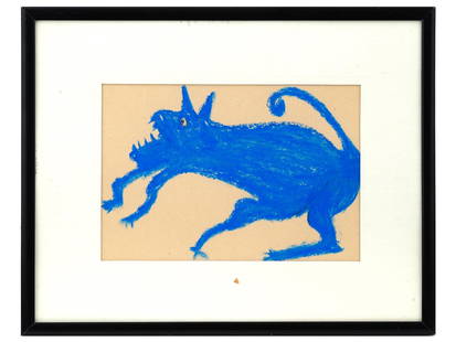 VINTAGE AMERICAN ANIMAL DRAWING BY WILLIAM TRAYLOR: William Traylor, American, 1853 to 1949, pastel drawing on paper depicting a fantastic animal. Signed to the back. Circa the 1940s. Framed. William Traylor was an African American self-taught artist f