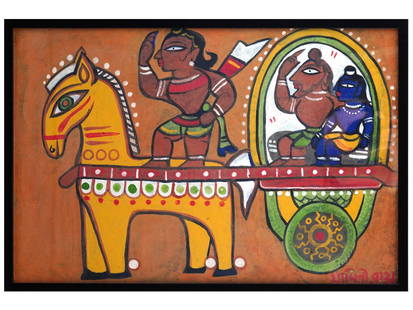 JAMINI ROY INDIAN TEMPERA ON BOARD PAINTING: A painting tempera on board by Jamini Roy. A bright, expressive painting depicting a rickshaw ride by two passengers, one of whom is Krishna, the blue skinned god of Hinduism. Authors signature in