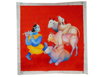 MANJIT BAWA MODERN INDIAN OIL ON CANVAS PAINTING: An oil painting on canvas by Manjit Bawa, Indian, 1941 to 2008. This bright, stylized painting depicts the god Krishna playing the flute in the form of a shepherd and four cows against the bright red