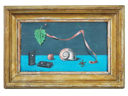 ATTR TO GERTRUDE ABERCROMBIE STILL LIFE OIL PAINTING: Oil on masonite board painting, attributed to Gertrude Abercrombie, 1909 to 1977, an American painter based in Chicago famous for her bohemian lifestyle. The artwork represents a Surrealist still