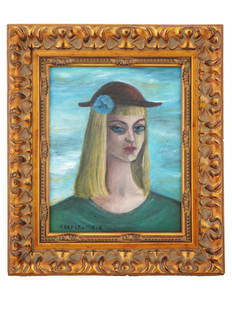 1940 PAINTING AUTOPORTRAIT BY GERTRUDE ABERCROMBIE: Gertrude Abercrombie, American, 1909 to 1977, oil on masonite surrealist painting Autoportrait, 1940. Signed lower left. Framed. Titled to the back. Called the queen of the bohemian artists, Abercromb