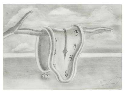AFTER SALVADOR DALI MELTING CLOCK PENCIL DRAWING: Pencil on paper drawing, a fragment copy after the 1931 painting titled The Persistence of Memory by Salvador Dali, 1904 to 1989, a Spanish Surrealist painter. The artwork depicts melting clocks in im