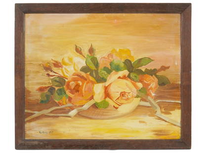 EARLY 20TH C OIL PAINTING ATTR TO MOISE KISLING: An early 20th century oil on canvas still life painting depicting a bowl full of cream roses attributed to Moise Kisling. Signed and dated lower left: Kisling 1919. Moise Kisling, French, Polish,