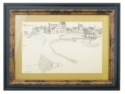 MID CENT VIETNAMESE LANDSCAPE DRAWING BY JEAN VOLANG: Pencil on paper drawing by Jean Volang, 1921 to 2005, a Vietnamese-French Modernist artist. The artwork represents a landscape view of a rural French town or village. Signed by the artist in the lower