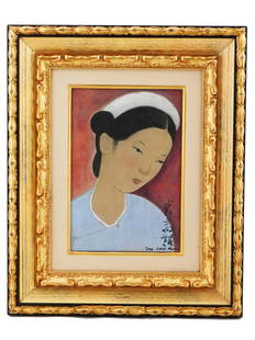 VIETNAMESE FEMALE PORTRAIT PAINTING BY VU CAO DAM: Vu Cao Dam, Vietnamese, 1908 to 2000, mixed media, gouache and whitewash painting on silk depicting a portrait of a woman. Signed and inscribed with characters lower right. Framed. Vu Cao Dam is