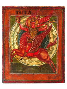 ANTIQUE RUSSIAN ORTHODOX ST. MICHAEL HORSEMAN ICON: An antique Russian Orthodox hand painted icon showing St. Michael Horseman of the Apocalypse. Tempera on wood panel. Crowned, with prominent, outstretched wings, astride a fiery winged horse, the