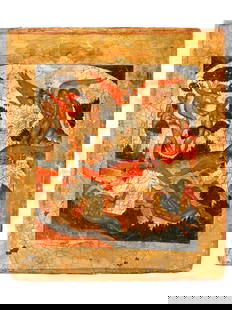 RUSSIAN ORTHODOX ICON ADAM AND EVE IN PARADISE: A rare Russian Orthodox icon of Adam and Eve and the Fall of Man, hand painted in tempera on gessoed wood panel with double kovcheg. The bottom field of the image depicts the creation of Adam and Eve.