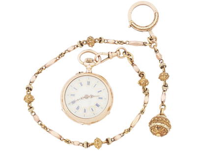ANTIQUE C 1880 14K GOLD POCKET WATCH WITH CHAIN: An exquisite antique pocket watch with a 14K gold case decorated with hand engraved decor depicting a flower set with cut gem stones, most likely diamonds, and a monogram BG. Features a round enameled
