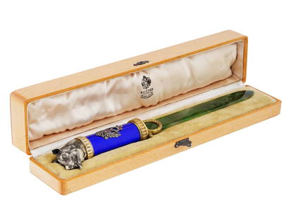 RUSSIAN SILVER ENAMEL JADE LETTER OPENER KNIFE: A Russian gilt silver letter opener with a carved jade blade and wreath decorations to the ricasso on both sides. Features a cobalt blue guilloche enameled handle with an applied double headed eagle s