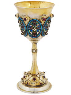 RUSSIAN SILVER GILT ENAMEL GEMSTONES GOBLET CUP: A highly collectible Russian silver gilt goblet set with many colorful cabochon cut gemstones and adorned with oval medallions featuring beautifully detailed polychrome cloisonne enamel Neo Russian st