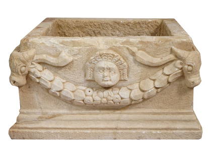 ANCIENT ROMAN CARVED DECORATED SARCOPHAGUS: An ancient Roman carved sarcophagus. Sarcophagi, which were stone coffins used to hold the remains of the deceased in ancient Rome, often featured intricate carvings and designs that reflected the bel