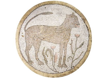 TABLE W ANCIENT ROMAN TESSERA MOSAIC TOP 2ND C AD: A side table with a round top decorated with ancient Roman mosaic. The mosaic is reconstructed usiang ancient Roman tesseras from the 2nd century AD. The composition depicting an animal is a remake fr