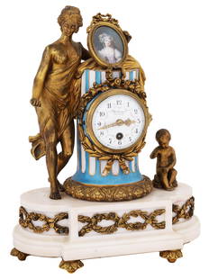 ANTIQUE FRENCH LOUIS XVI ORMOLU AND ENAMEL CLOCK: A highly collectible French mantel clock made of gilded bronze and porcelain and dated circa 1880. This clock is made according to the model of Charles Nicolas Dutertre, François Vion and the Sevres