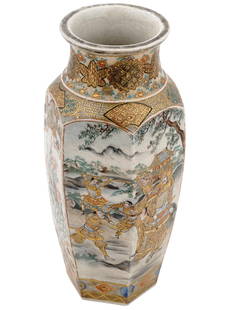 ANTIQUE JAPANESE SATSUMA HADODA ENAMEL POTTERY VASE: An antique Japanese Satsuma enamel pottery vase. The vase is made in a panel design. The panels are adorned with hand painted scenes. The exterior of the ware is adorned with polychrome hand enameled