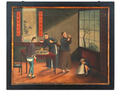 ANTIQUE CHINESE QING EXPORT OIL PAINTING SIGNED: Oil on canvas painting. Chinese, Qing era, 19th century. The artwork depicts a multi-figure interior scene, men examining fighting birds. Insciption in Kanji in the upper left. Wooden frame. Collectib