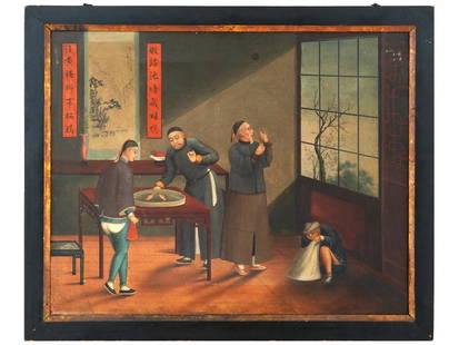 ANTIQUE CHINESE QING EXPORT OIL PAINTING SIGNED: Oil on canvas painting. Chinese, Qing era, 19th century. The artwork depicts a multi-figure interior scene, men examining fighting birds. Insciption in Kanji in the upper left. Wooden frame.