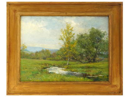 AMERICAN LANDSCAPE OIL PAINTING BY OLIVE P. BLACK: Oil on canvas painting by Olive Parker Black, 1868 to 1948, an American artist based Massachusetts, student of William Merritt Chase. The artwork depicts a meadow landscape. Signed by the artist in th