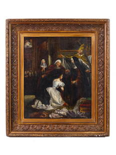 ANTIQUE ITALIAN RELIGIOUS OIL PAINTING BY MANZONE: Oil on canvas painting. Italy, early 19th century. The artwork depicts a genre scene, a young womans ordination to nun. The sisters cover her in black robes while the bishop blesses her. The heroines