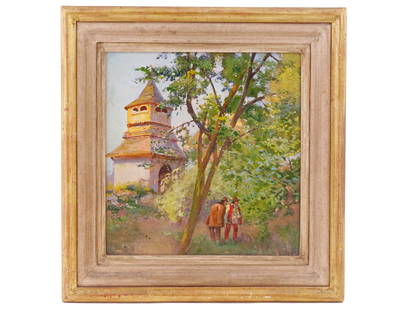 UKRAINIAN SOVIET ERA OIL ON BOARD PAINTING: A Ukrainian Soviet era oil on board painting by the unknown artist. Hand inscribed in Cyrillic verso: Types of Ukrainian Churches. Bell tower M. Turochki. Eastern Galicia. The painting is created in a