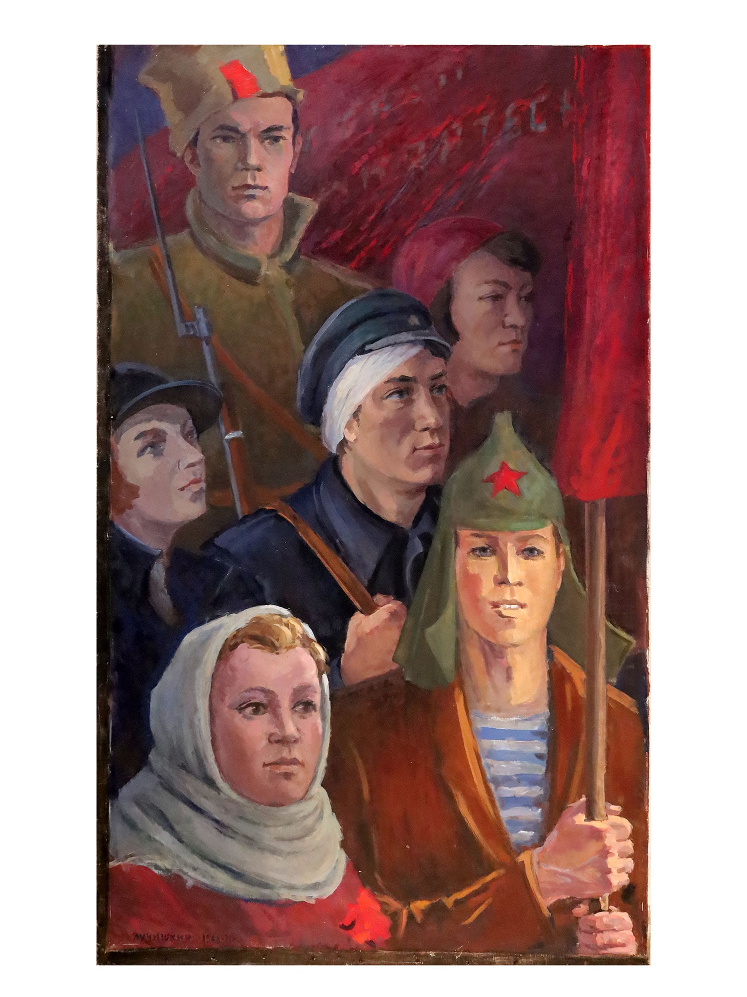 SOCIALIST REALISM OIL PAINTING BY SERGEI LUCHISHKIN: Sergei Luchishkin, Russian, Soviet era, 1902 to 1989, an oil painting on canvas depicting We are The Lenins Nation, diptych, left side,1968 to 1971. Signed and dated, lower left. Additionally inscribe