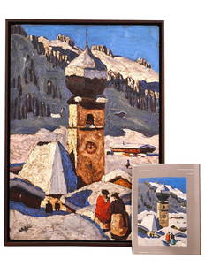 AUSTRIAN WINTER LANDSCAPE OIL PAINTING BY ALFONS WALDE: Oil on canvas painting by Alfons Walde, 1891 to 1958, an Austrian Expressionist artist. The artwork depicts a landscape view of a village in the Alps during winter. Impasto technique. Titled Tiroler