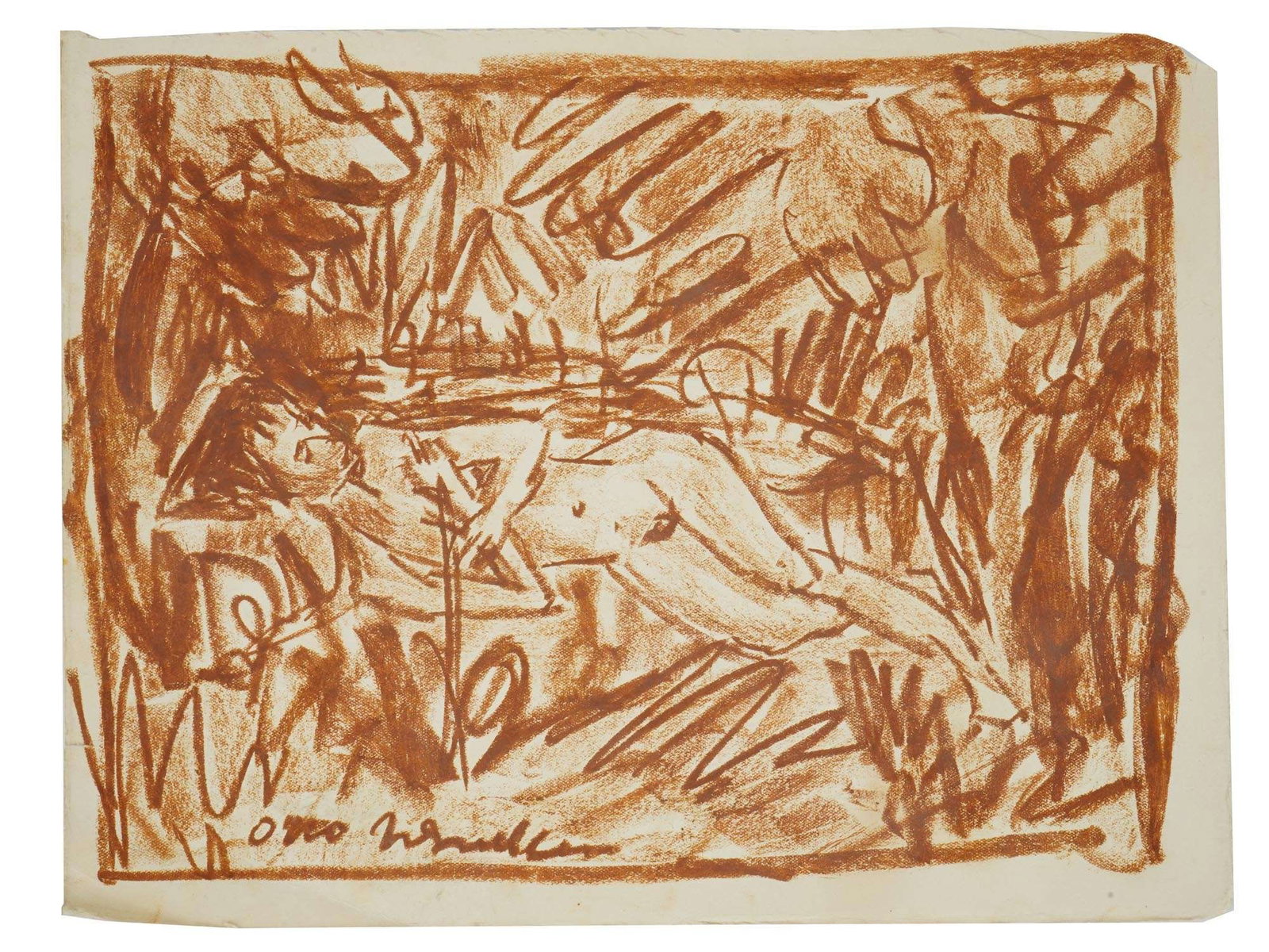 GERMAN PORTRAIT PASTEL OIL PAINTING BY OTTO MULLER: Otto Muller, German, 1874 to 1930, pastel crayon painting on paper painting depicting a portrait of a reclining nude woman. Signed, lower left. Otto Muller was a German painter and printmaker of the D