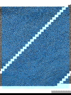 ATTR TO YAYOI KUSAMA JAPANESE DOT ACRYLIC PAINTING: Attributed to Yayoi Kusama, Japanese, American, born 1929, acrylic painting on canvas mounted on board depicting an abstract blue polka dot composition. Inscribed, Yayoi Kusama, and probably dated, 19