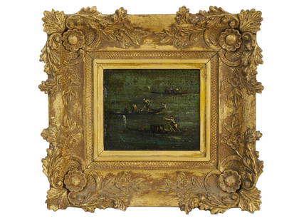 ANTIQUE ITALIAN OIL PAINTING BY FRANCESCO GUARDI: Francesco Lazzaro Guardi, Italian, 1712 to 1793, oil painting on canvas, Gondolas on a Canal. Probably unsigned, has not been examined out of frame. A Bonhams catalog page, dated 1982, on the backside