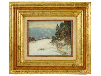 AMERICAN LANDSCAPE OIL PAINTING BY FRANK W LOVEN: Frank W. Loven, American, 1868 to 1951, oil painting on board, Winter in the Hills. Signed lower right. Framed. An original paper label of the Harbor gallery, on the backside. Frank Loven is known for