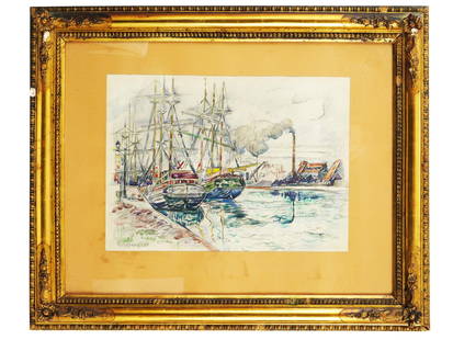 FRENCH NAUTICAL LANDSCAPE PAINTING BY PAUL SIGNAC: Watercolor and pencil on paper painting by Paul Signac, 1863 to 1935, a French Post-Impressionist and Pointillist artist. The artwork depicts a view of a city port with sailing ship. Titled Saint Serv