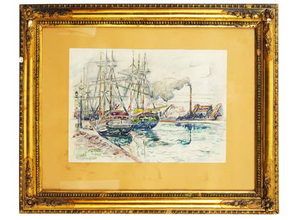 FRENCH NAUTICAL LANDSCAPE PAINTING BY PAUL SIGNAC: Watercolor and pencil on paper painting by Paul Signac, 1863 to 1935, a French Post-Impressionist and Pointillist artist. The artwork depicts a view of a city port with sailing ship. Titled Saint